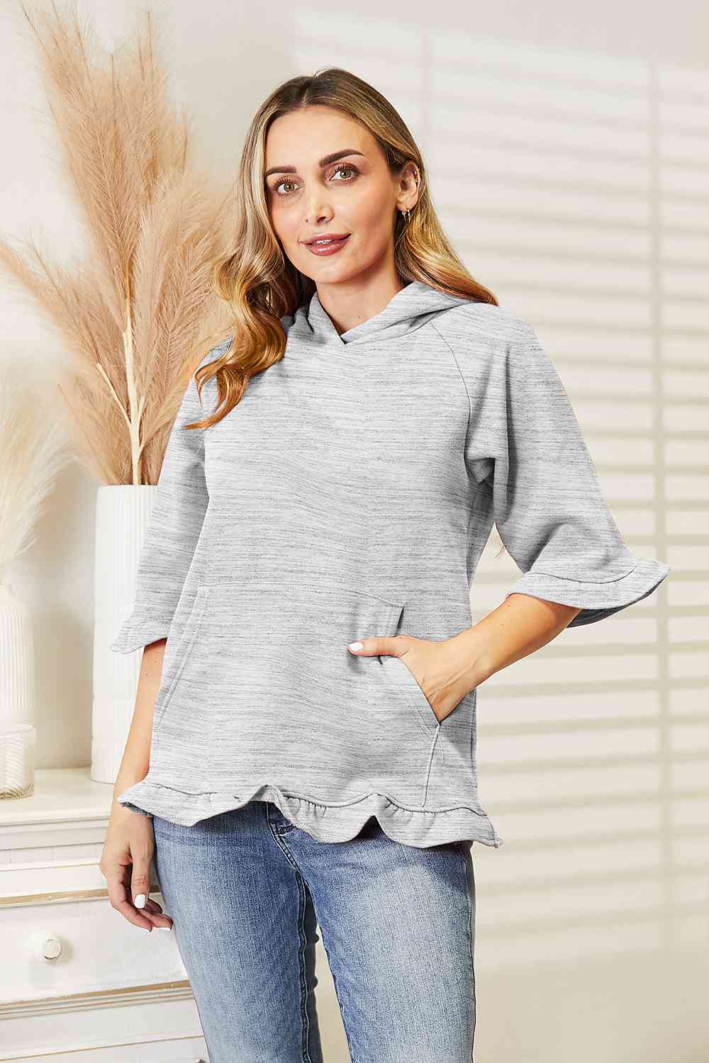 Full Size Raglan Sleeve Ruffled Hoodie with Pocket