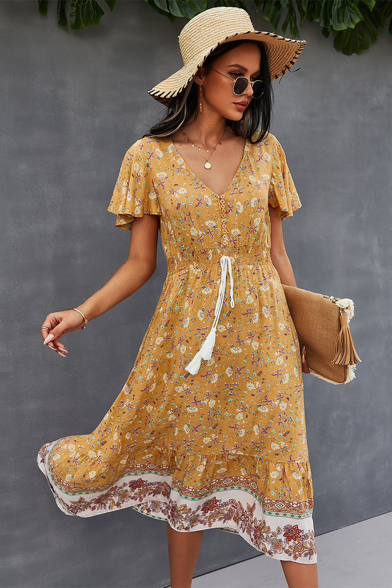 Bohemian V-Neck Flutter Sleeve Dress - SHIRLYN.CO