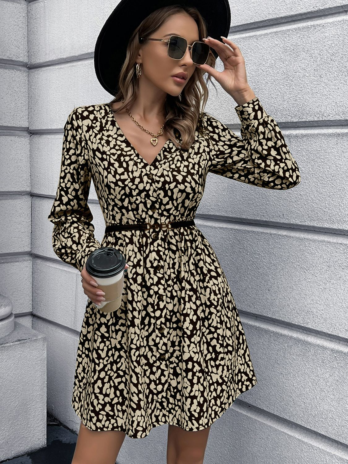 Animal Print Buttoned V-Neck Long Sleeve Dress - SHIRLYN.CO