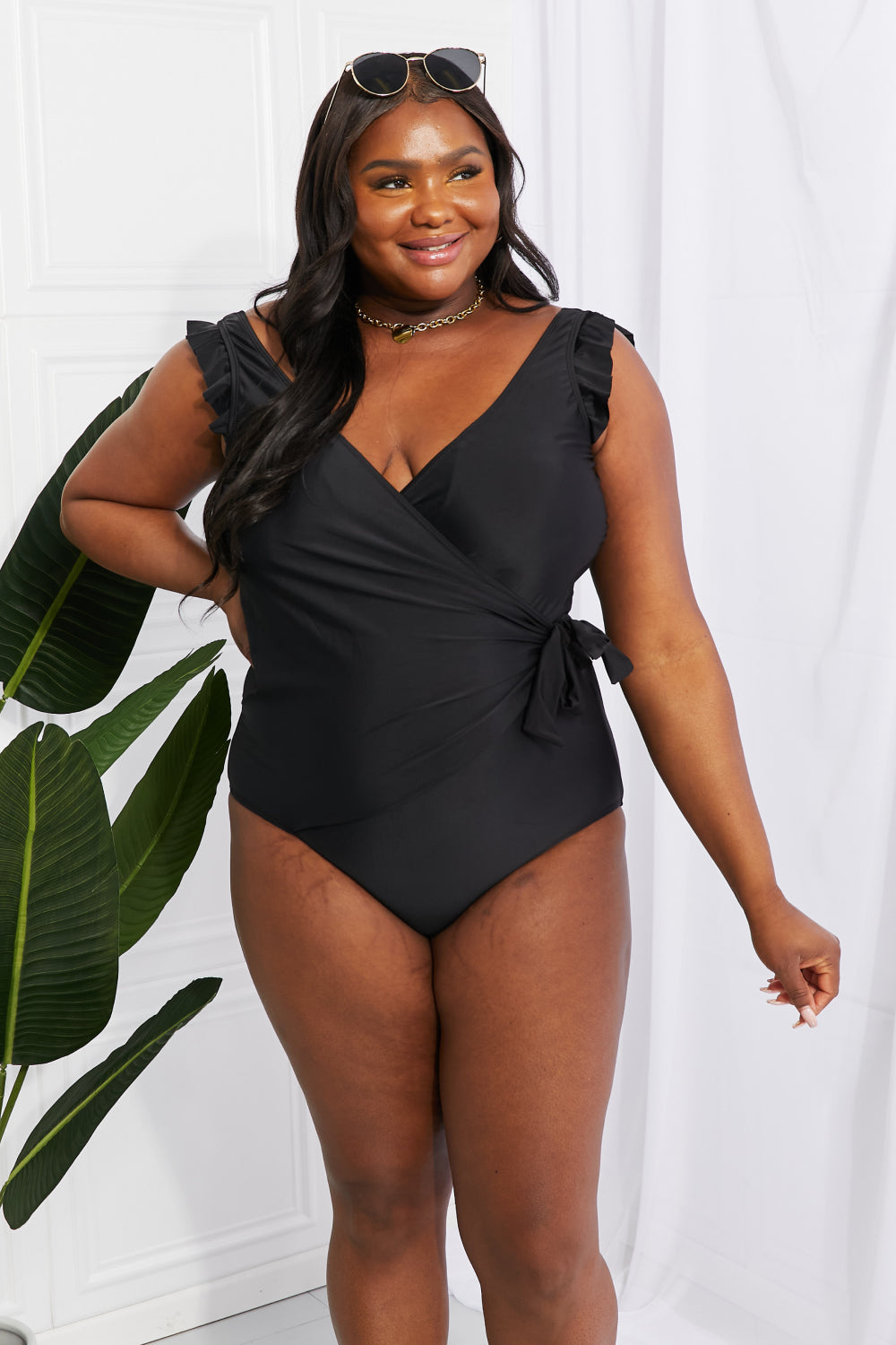 Marina West Swim Full Size Float On Ruffle Faux Wrap One-Piece in Black - SHIRLYN.CO