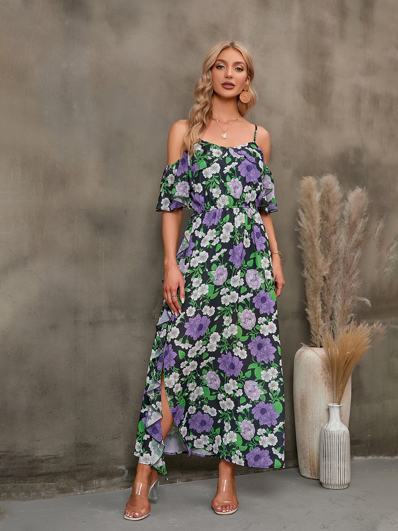 Floral Spaghetti Strap Cold-Shoulder Slit Maxi Dress - SHIRLYN.CO