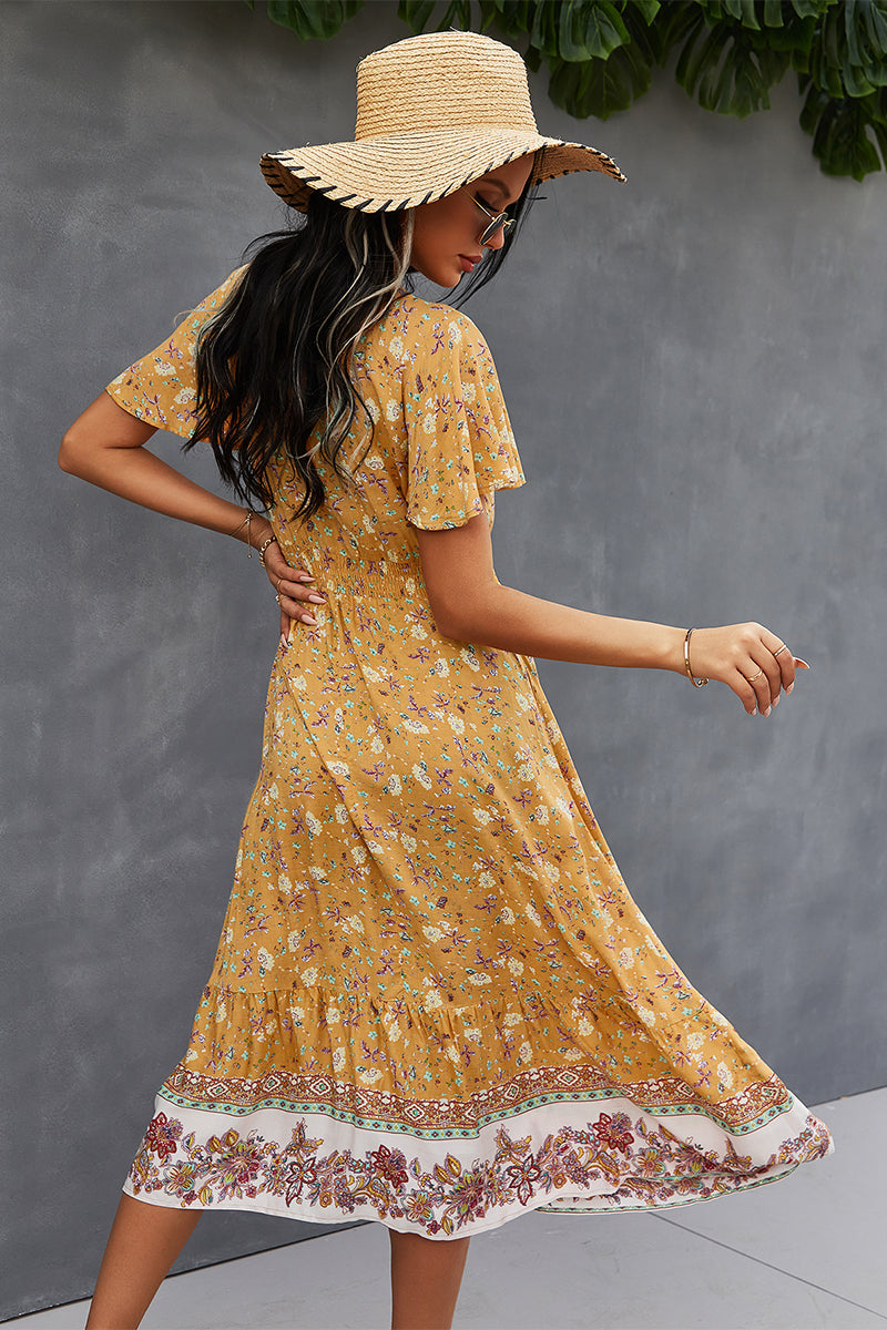 Bohemian V-Neck Flutter Sleeve Dress - SHIRLYN.CO