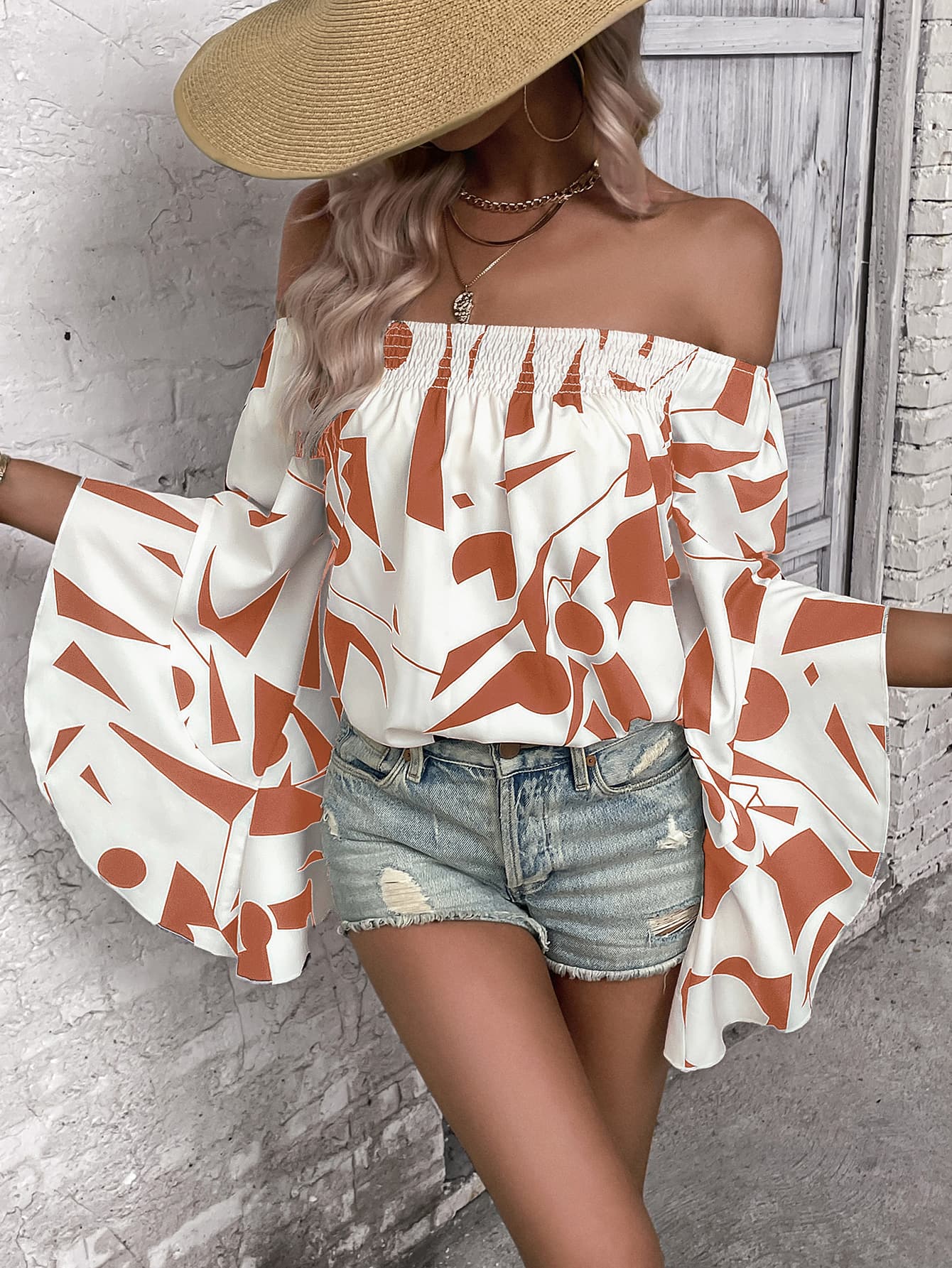 Printed Off-Shoulder Bell Sleeve Blouse - SHIRLYN.CO