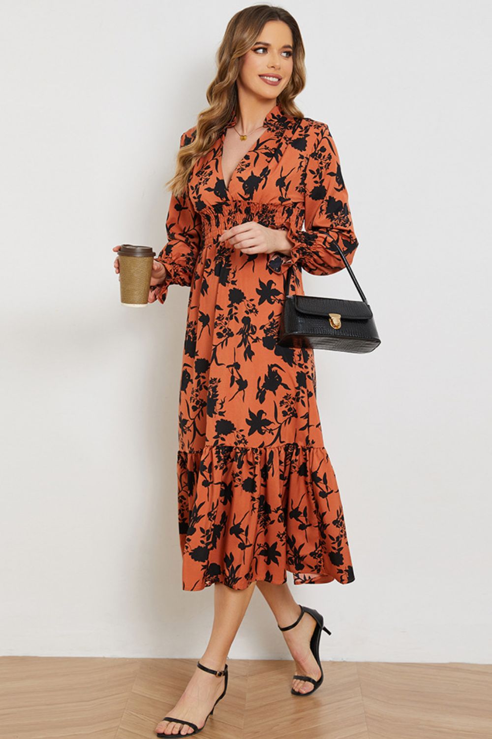 Floral Smocked Long Flounce Sleeve Dress - SHIRLYN.CO