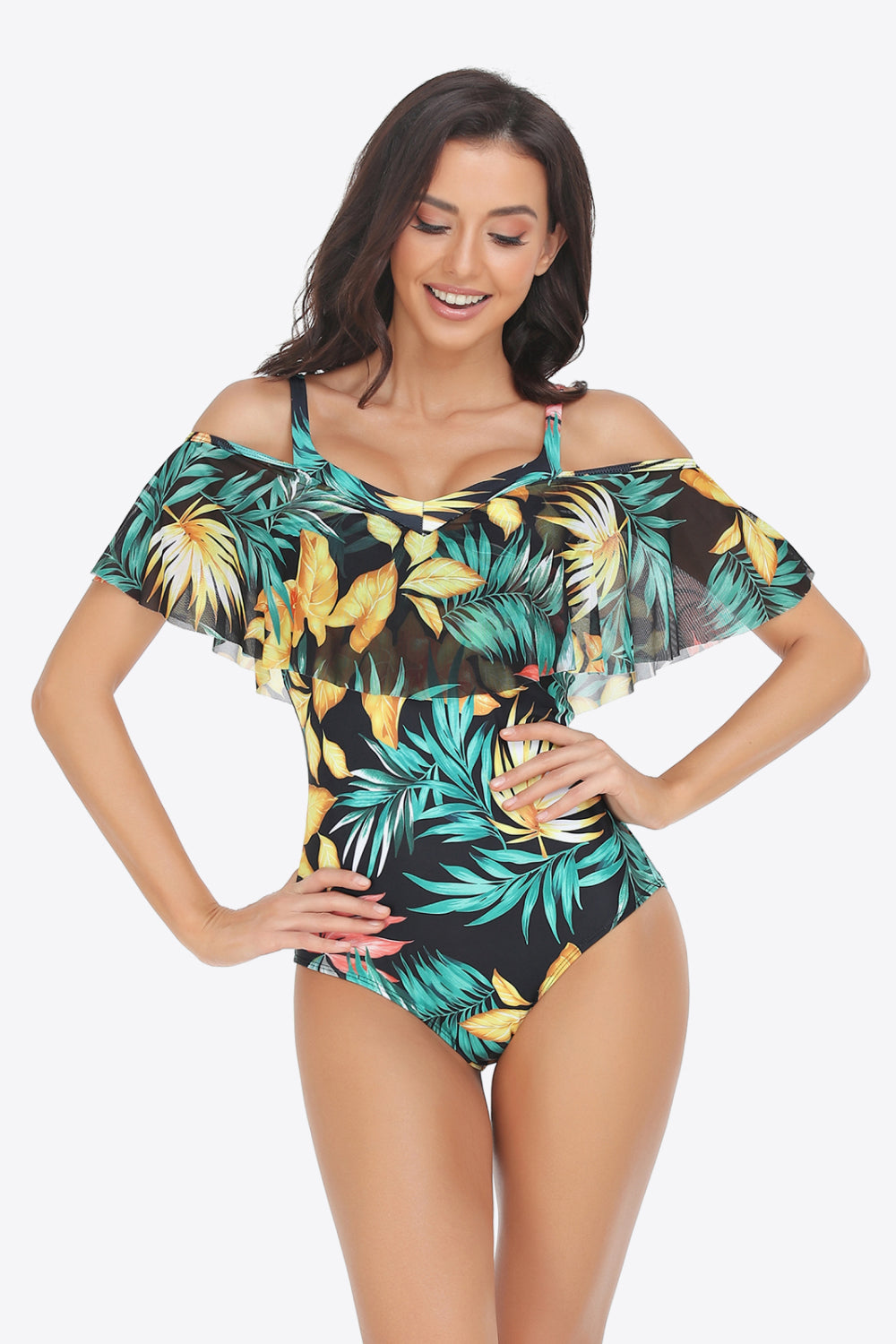 Botanical Print Cold-Shoulder Layered One-Piece Swimsuit - SHIRLYN.CO