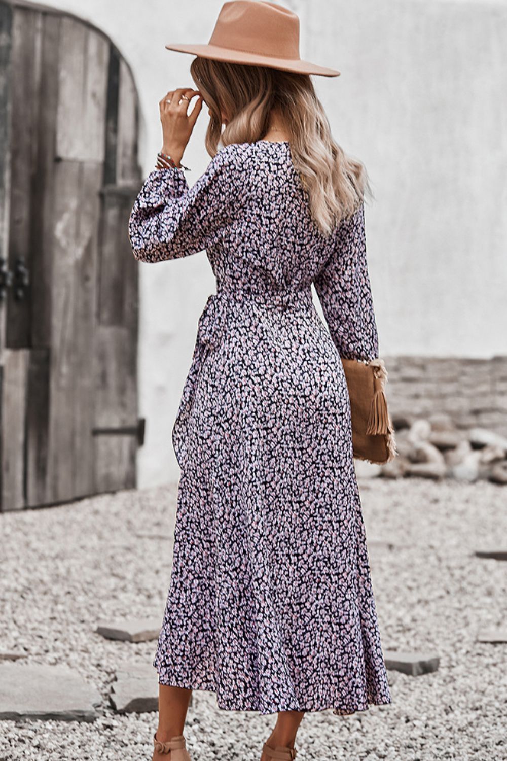 Floral Surplice Neck Long Sleeve Dress - SHIRLYN.CO