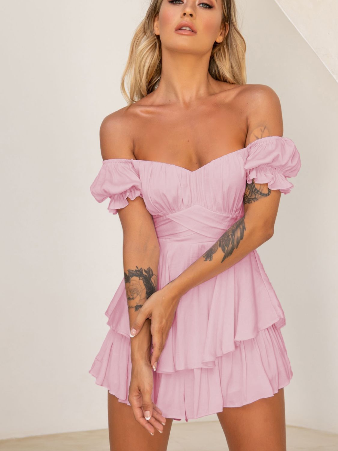 Off Shoulder Flounce Sleeve Mini Dress