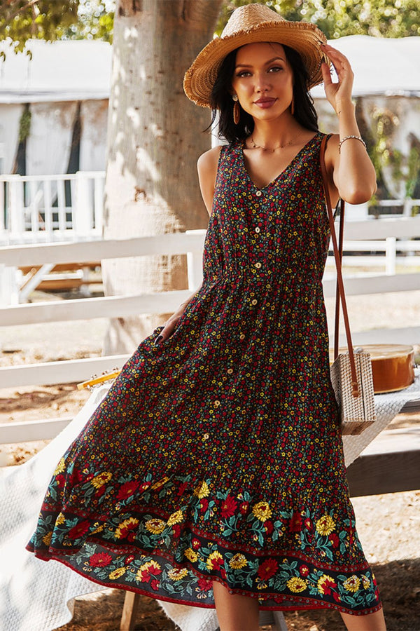 Floral Print Bohemian Style V-neck Sleeveless Midi Dress - SHIRLYN.CO