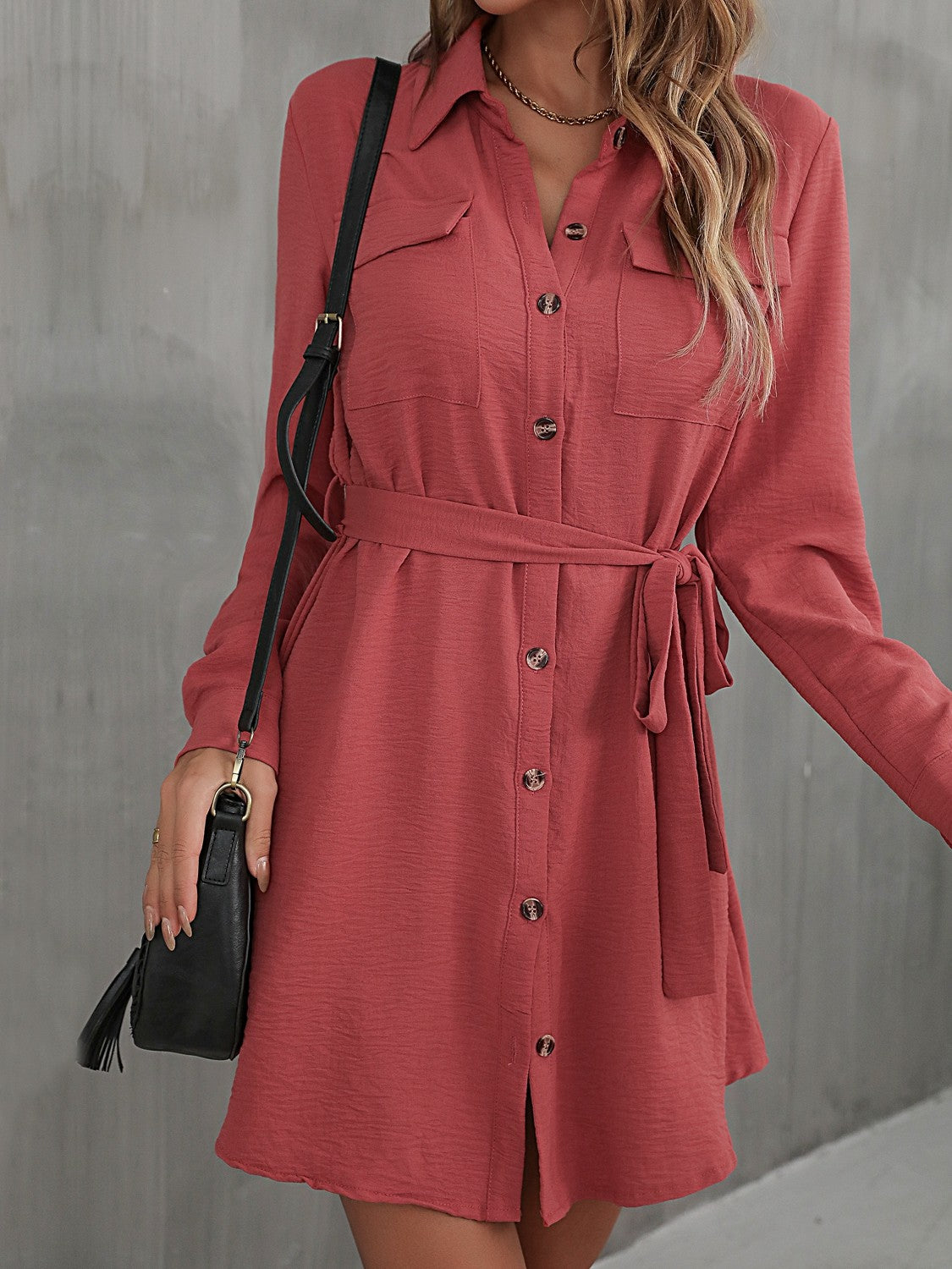 Button Down Belted Long Sleeve Shirt Dress - SHIRLYN.CO