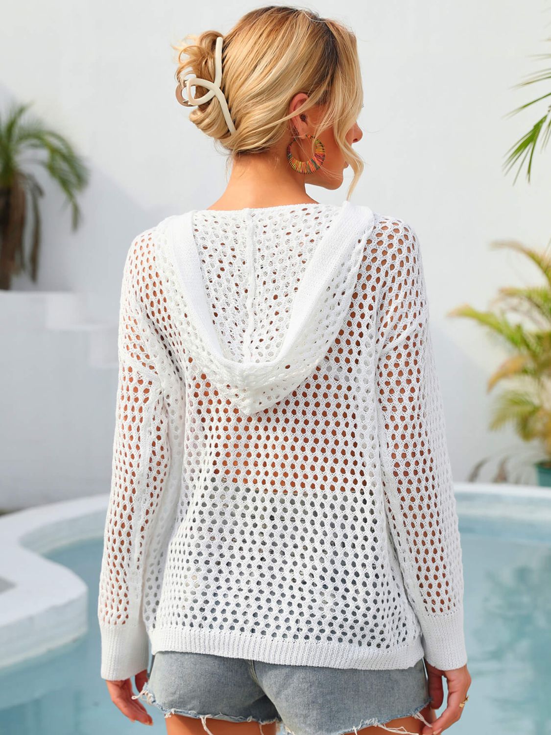 Flower Graphic Lace-Up Openwork Hooded Cover Up - SHIRLYN.CO