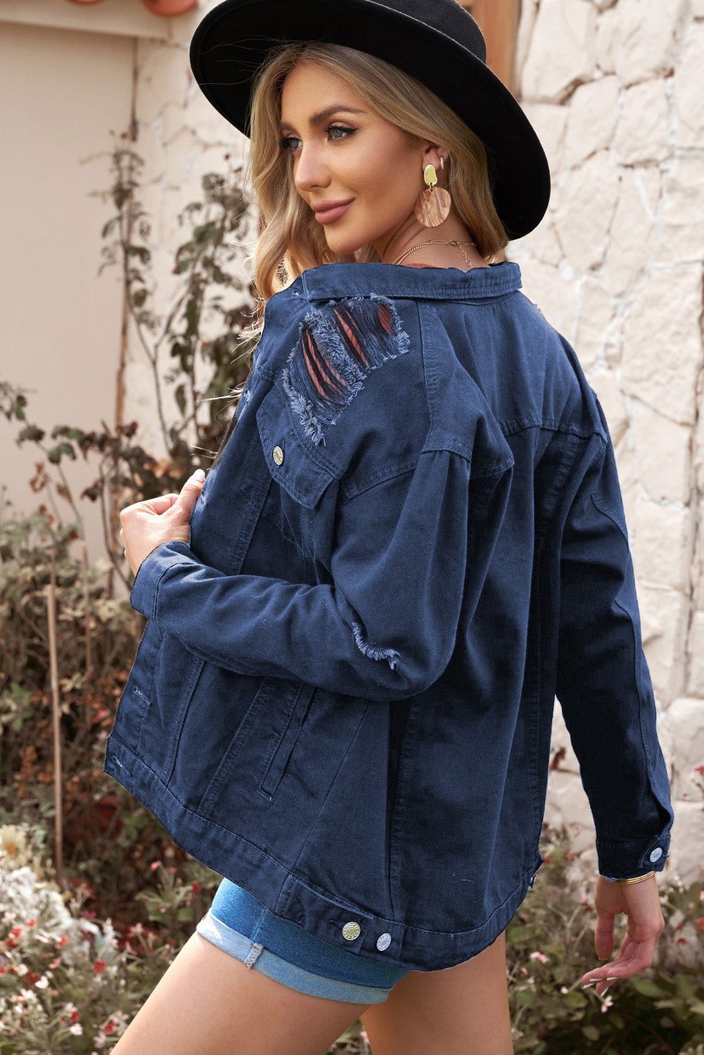 Distressed Button-Up Denim Jacket with Pockets - SHIRLYN.CO