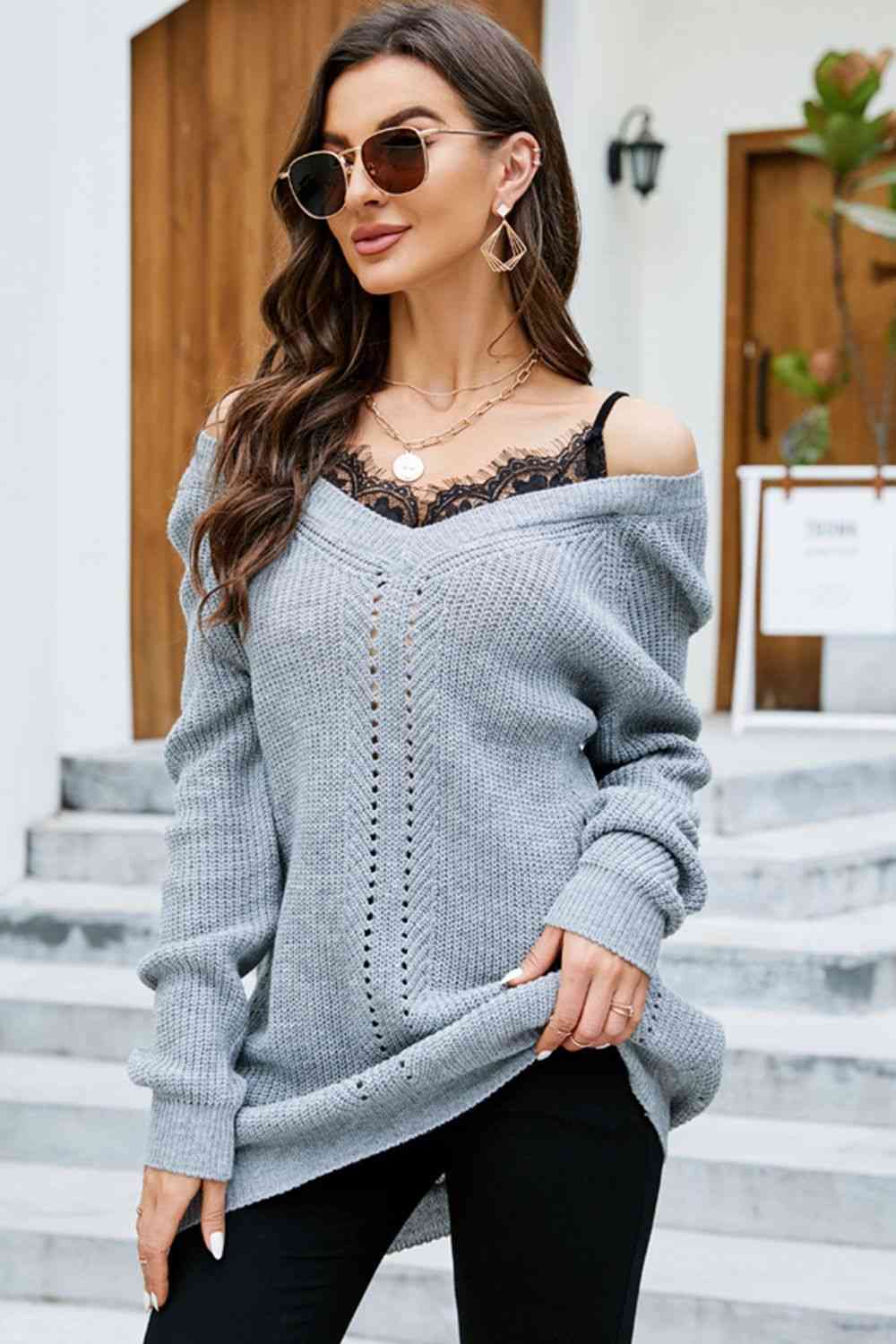 Openwork V-Neck Long Sleeve Sweater