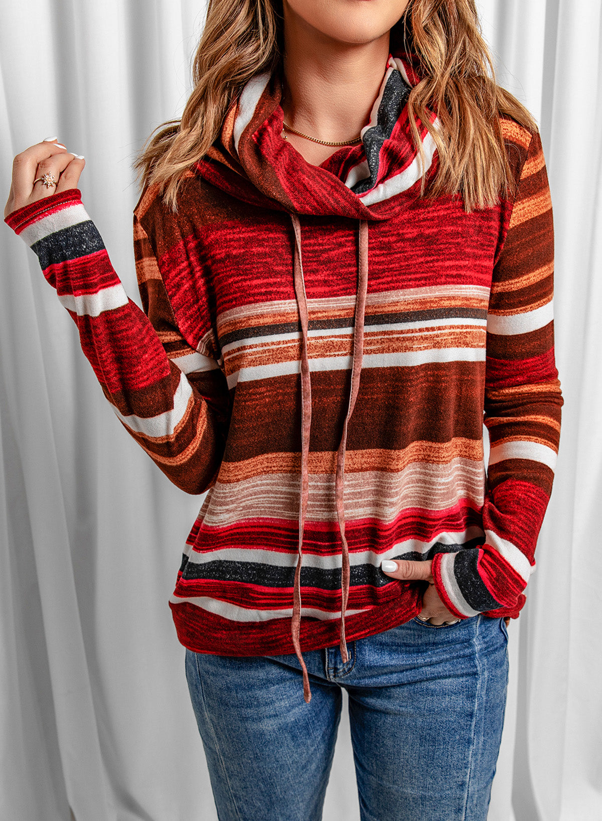 Striped Cowl Neck Tunic Sweatshirt - SHIRLYN.CO