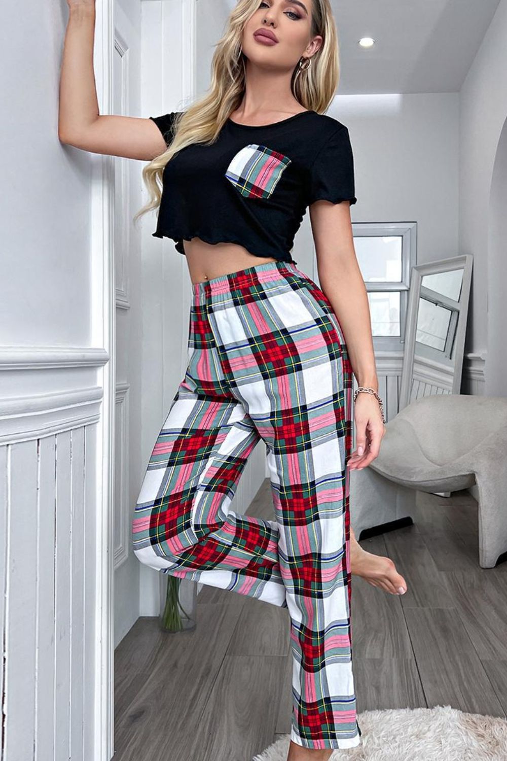 Lettuce Trim Cropped T-Shirt and Plaid Pants Lounge Set - SHIRLYN.CO