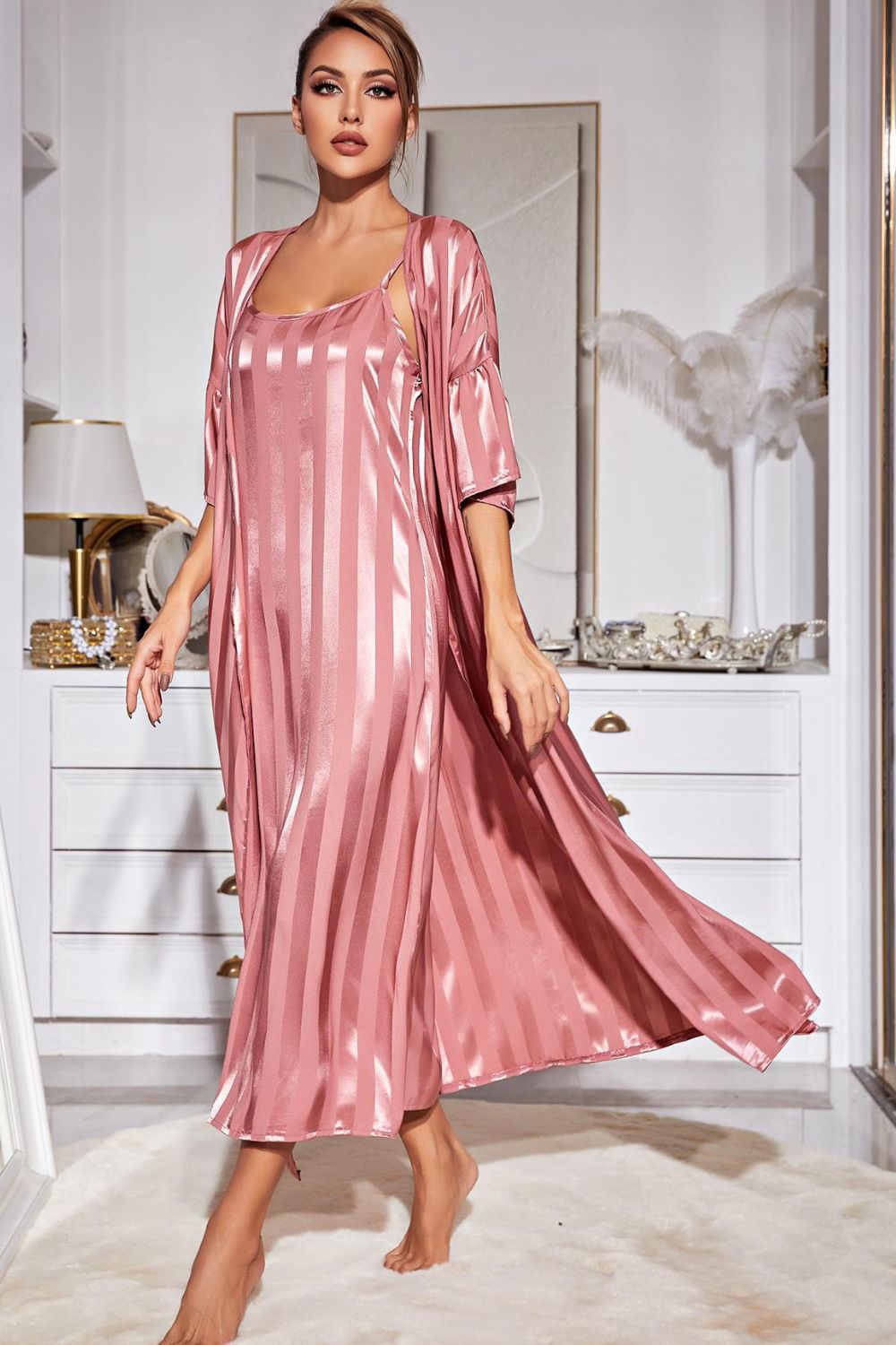 Striped Flounce Sleeve Open Front Robe and Cami Dress Set - SHIRLYN.CO