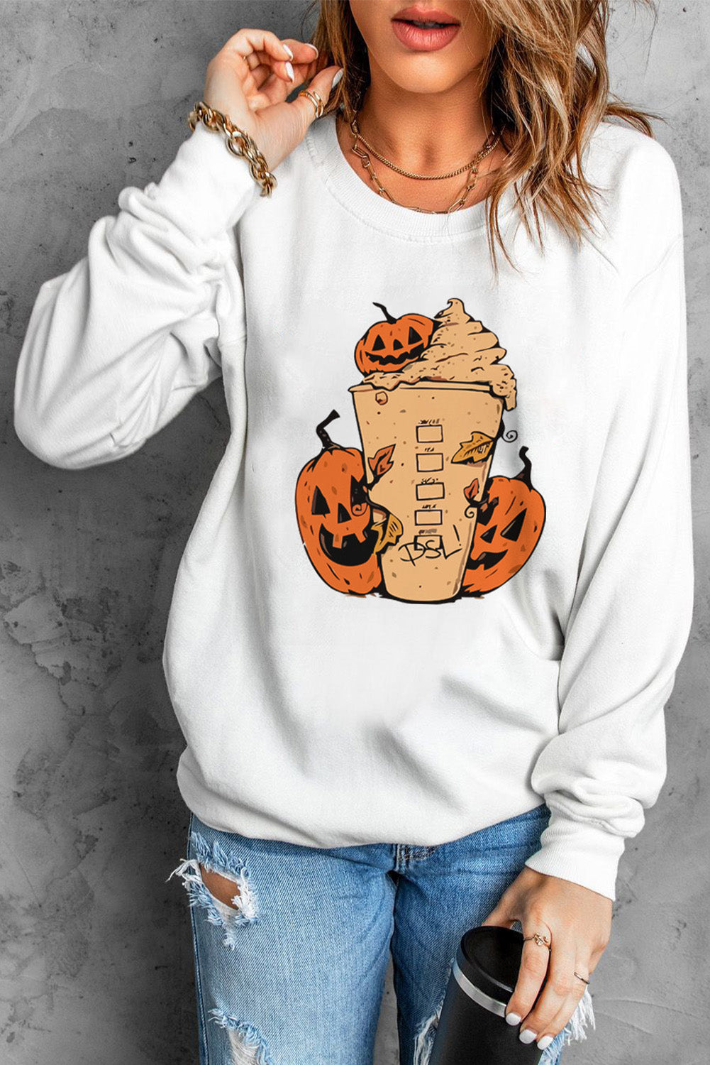 Halloween Pumpkin Graphic Round Neck Sweatshirt - SHIRLYN.CO