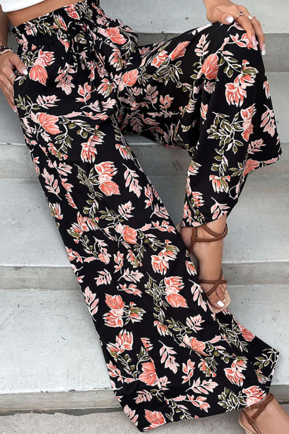 Floral Pull-On Wide Leg Pants - SHIRLYN.CO