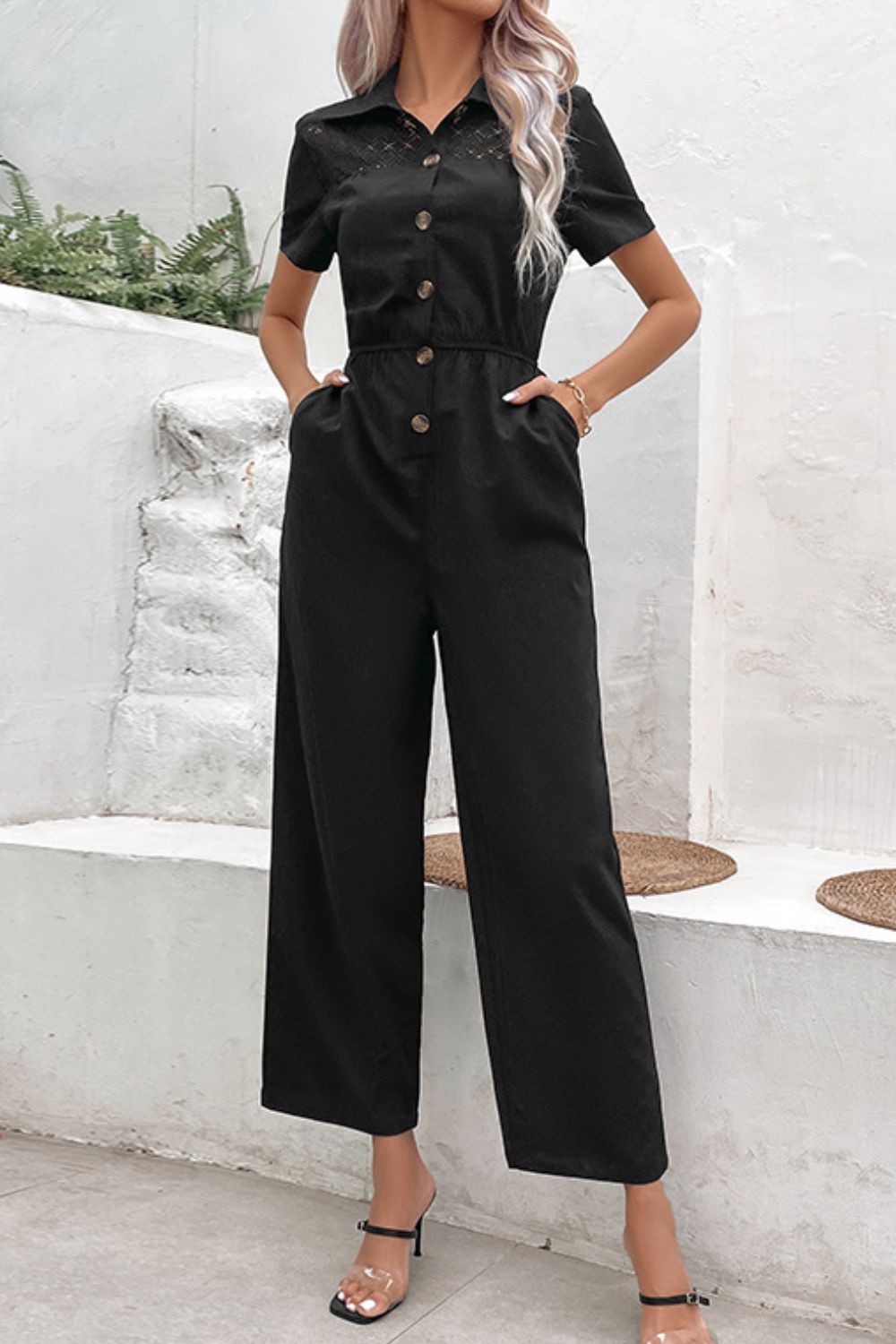 Shirlyn Luxe - Collared Neck Short Sleeve Jumpsuit - SHIRLYN.CO