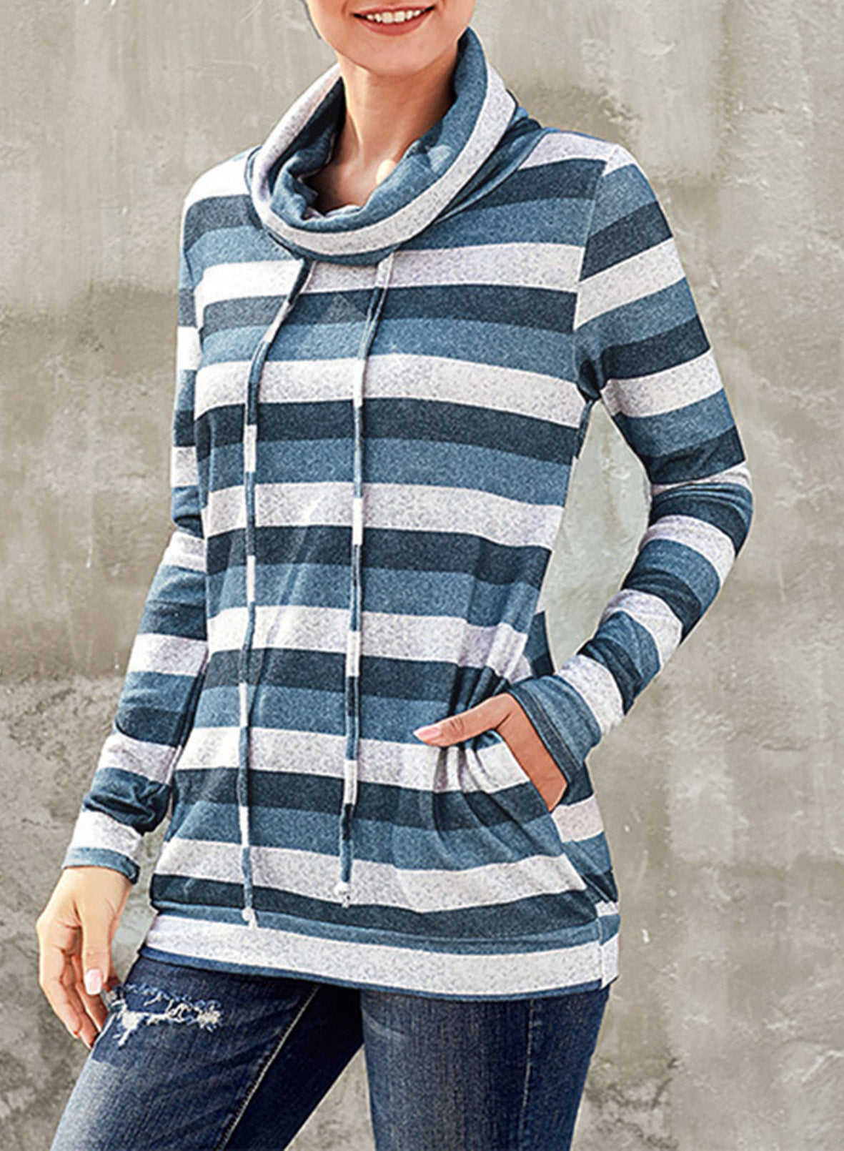 Striped Cowl Neck Tunic Sweatshirt - SHIRLYN.CO