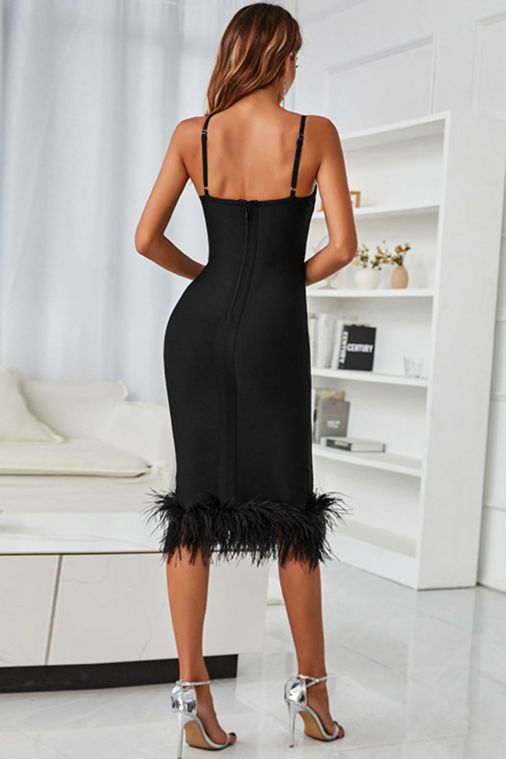 Spaghetti Strap Feather Trim Bodycon Dress - SHIRLYN.CO