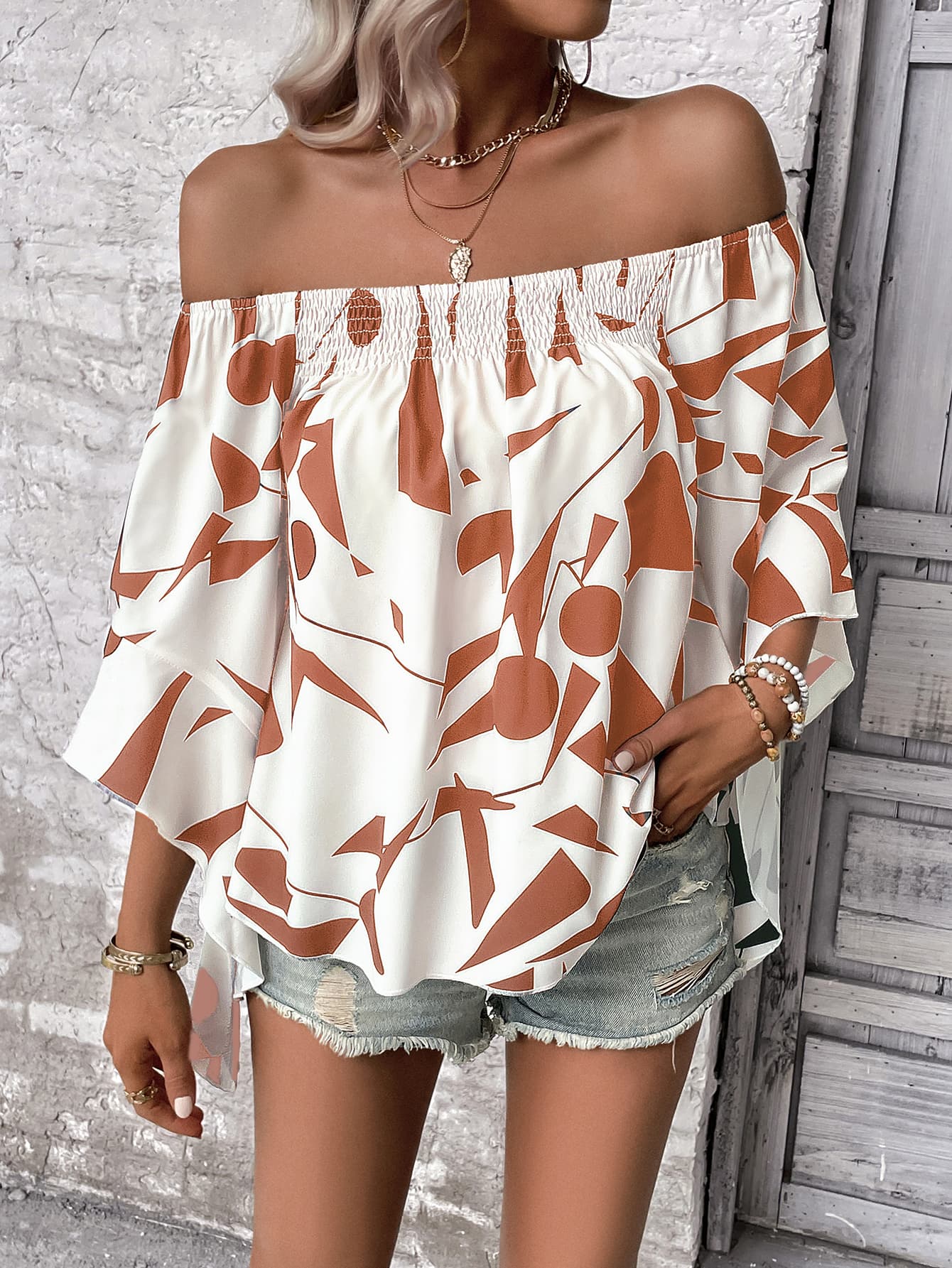 Printed Off-Shoulder Bell Sleeve Blouse - SHIRLYN.CO