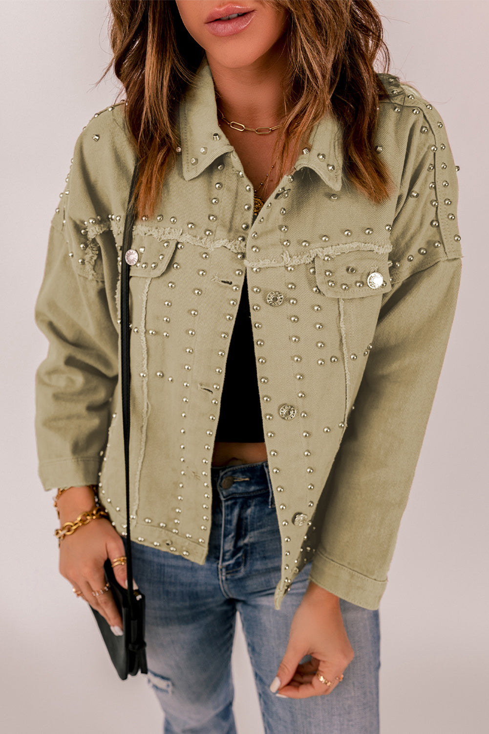 Frayed Trim Rivet Denim Jacket - SHIRLYN.CO