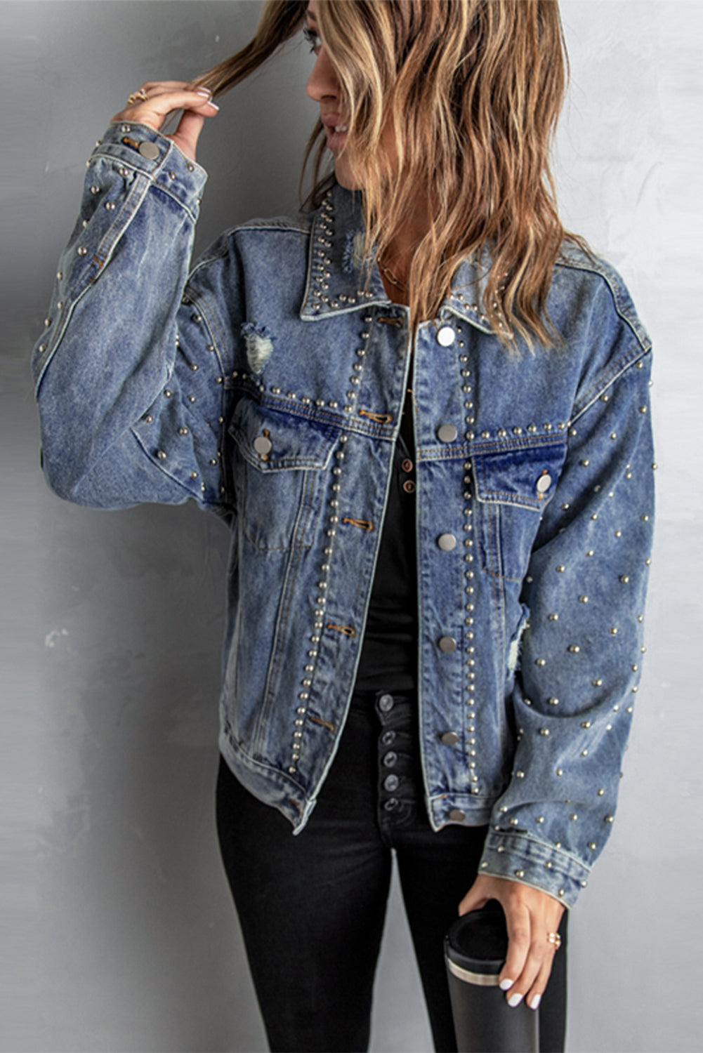 Studded Button Down Denim Jacket - SHIRLYN.CO