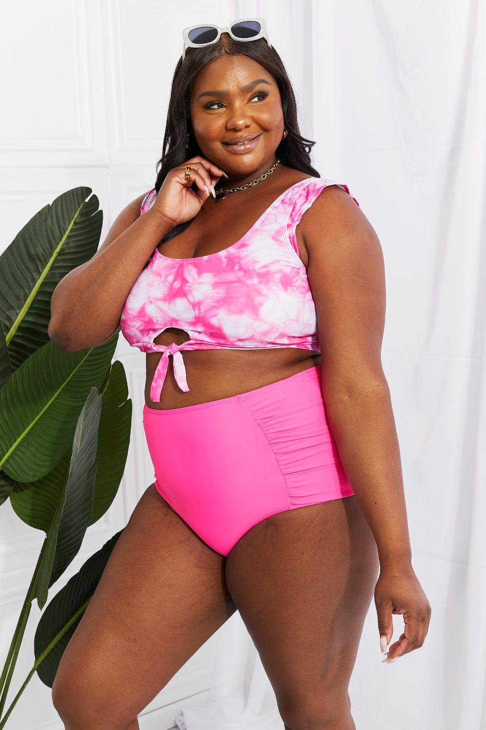 Marina West Swim Sanibel Crop Swim Top and Ruched Bottoms Set in Pink - SHIRLYN.CO