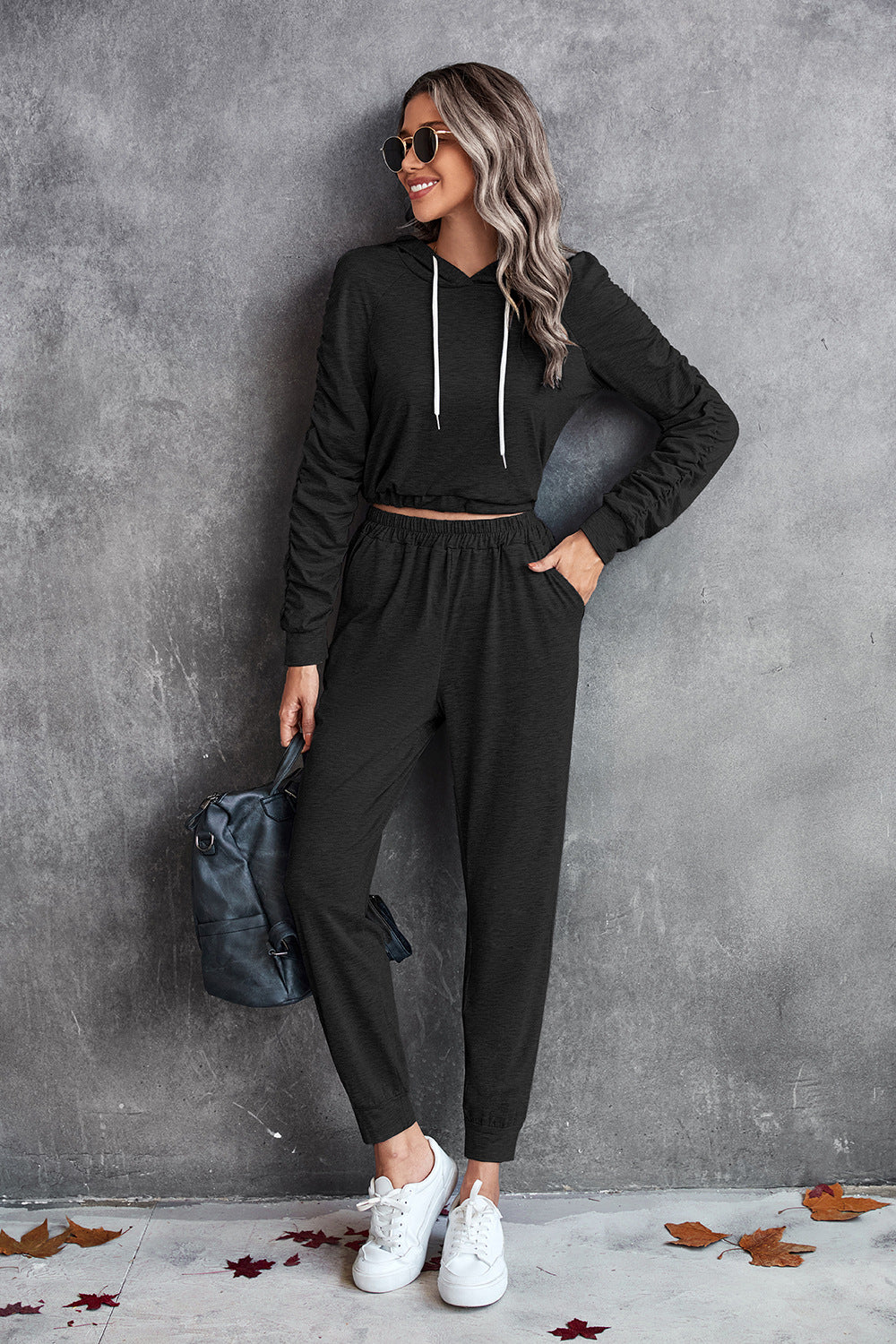 Ruched Raglan Sleeve Hoodie and Joggers Set - SHIRLYN.CO