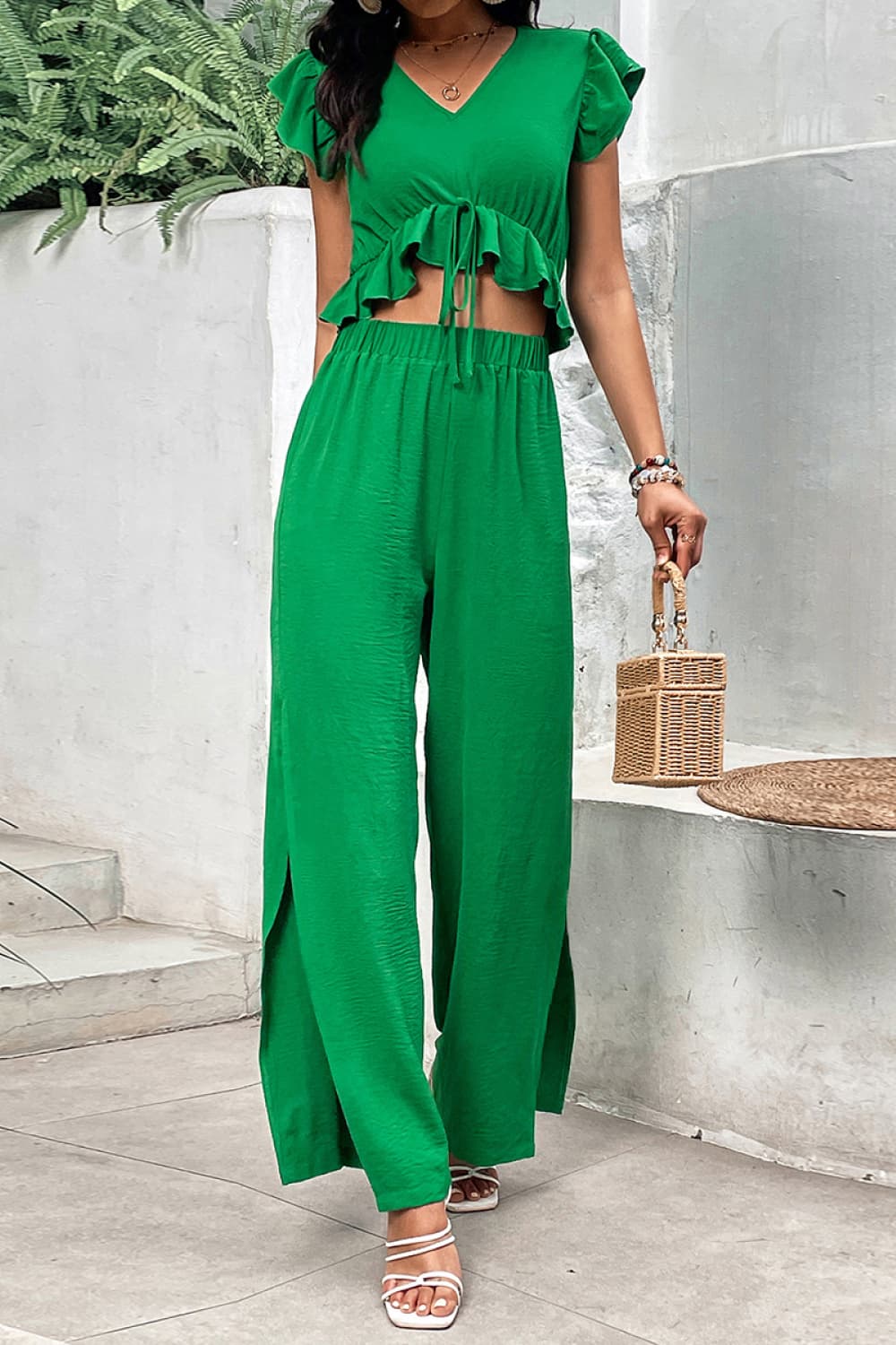 V-Neck Ruffle Hem Top and Slit Pants Set - SHIRLYN.CO