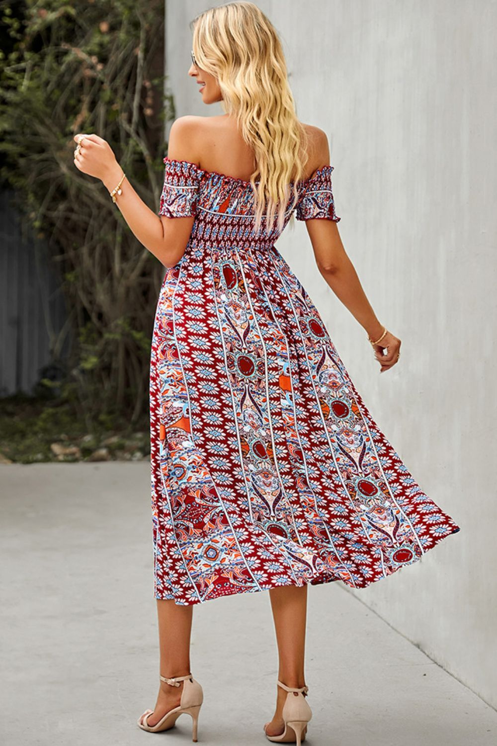 Bohemian Off-Shoulder Frill Trim Split Dress - SHIRLYN.CO