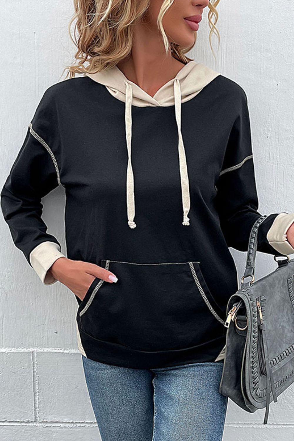 Contrast Drawstring Detail Drop Shoulder Hoodie - SHIRLYN.CO