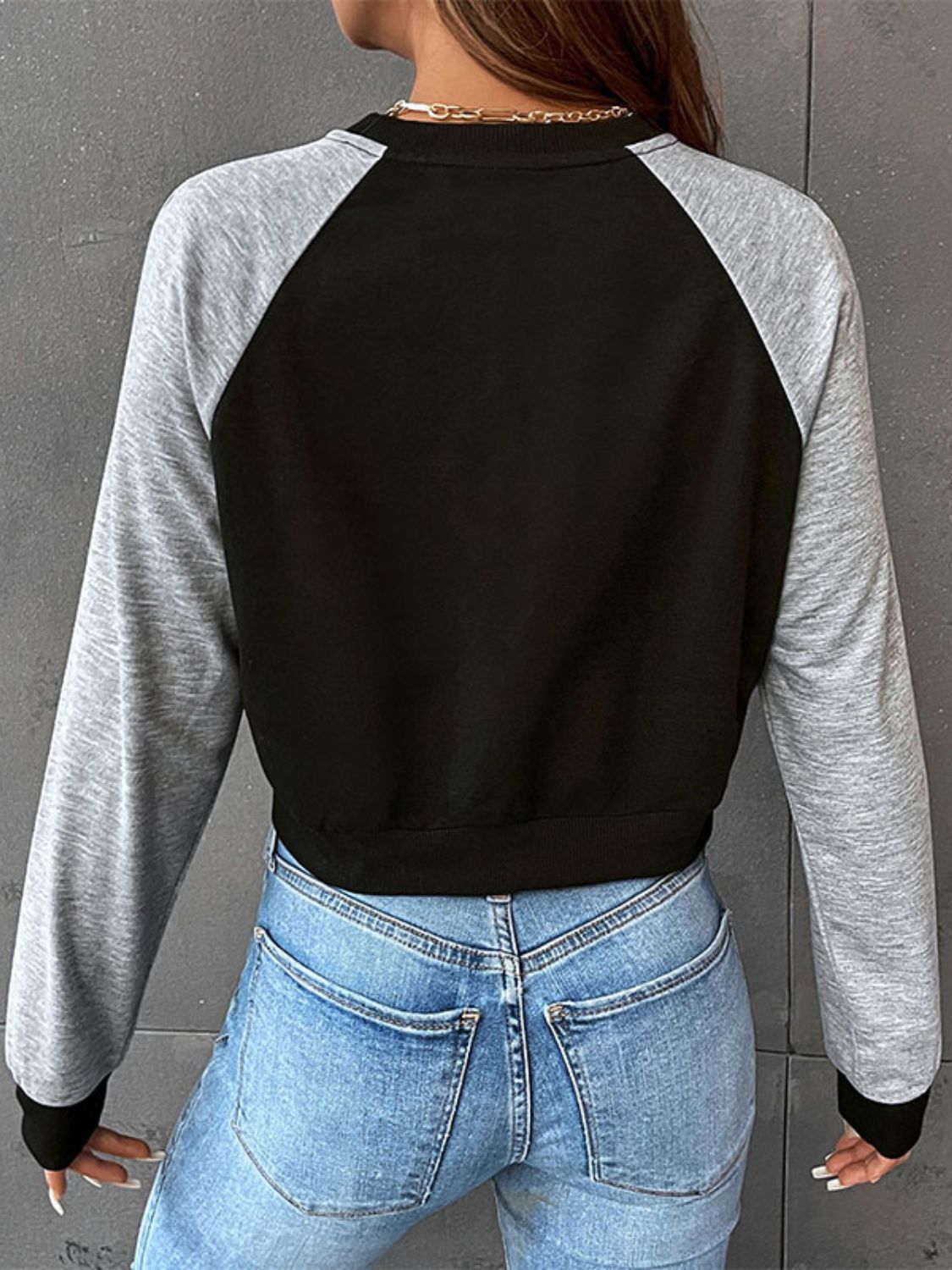 Two-Tone Raglan Sleeve Cropped Sweatshirt - SHIRLYN.CO