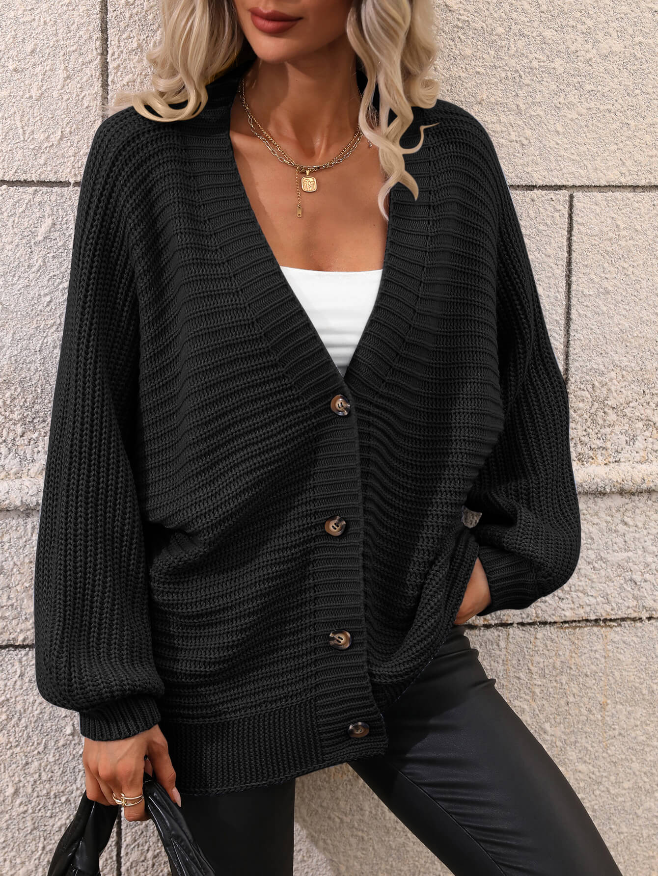 Button Down Horizontal-Ribbing Longline Cardigan - SHIRLYN.CO