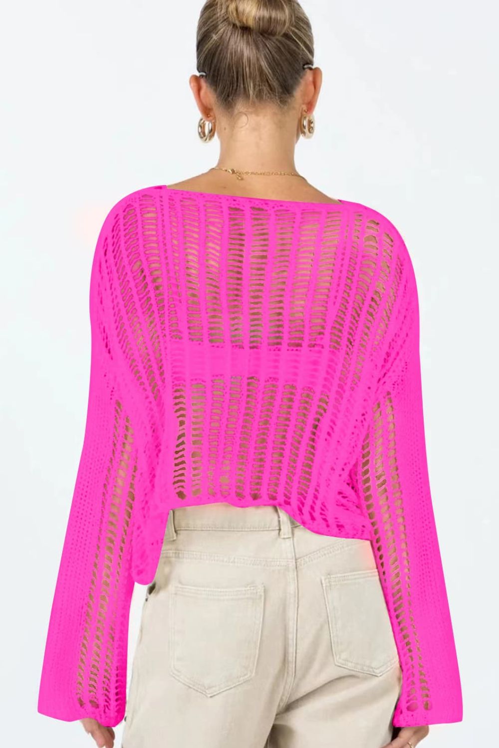 Openwork Boat Neck Long Sleeve Cover Up - SHIRLYN.CO