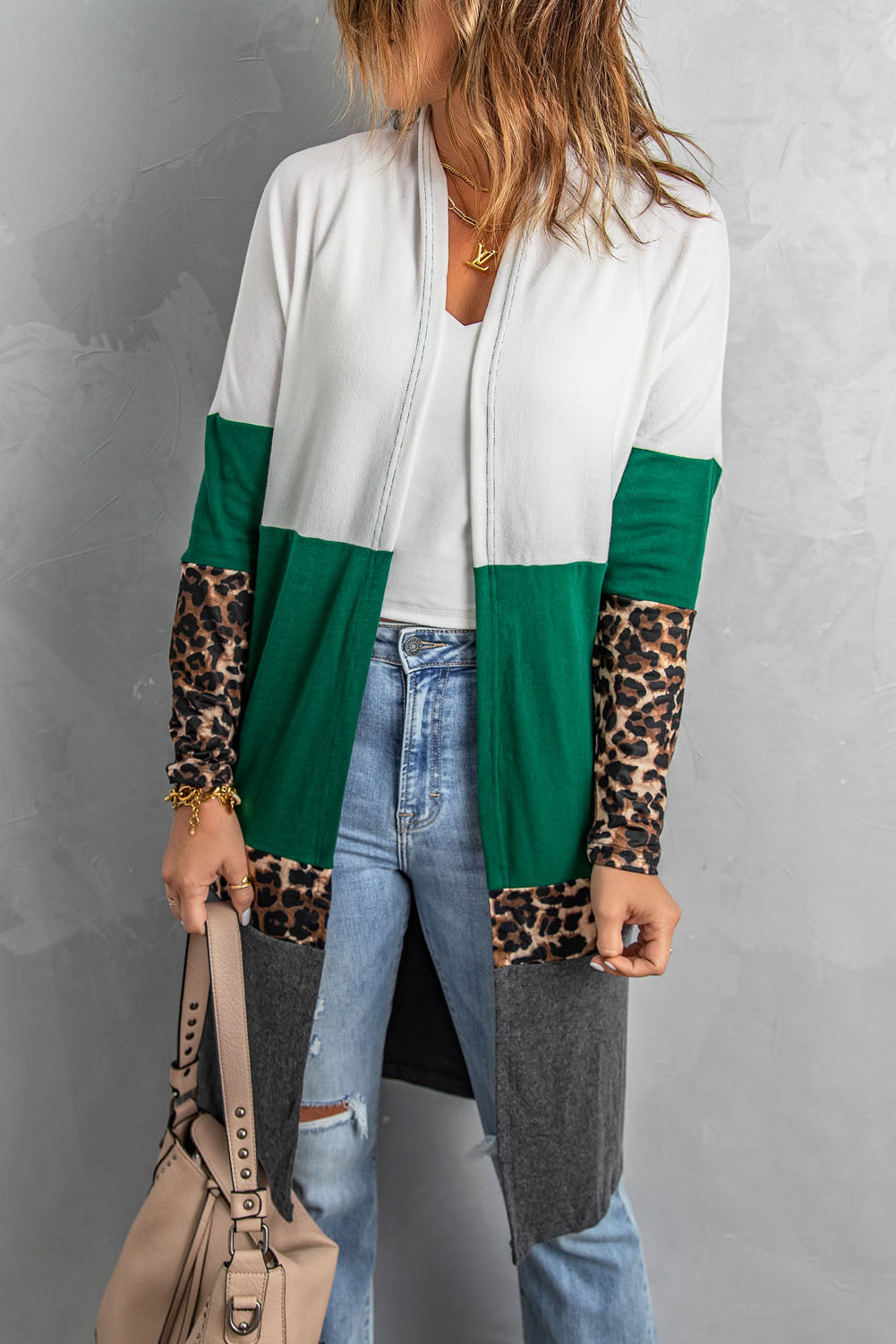 Leopard Color Block Open Front Longline Cardigan - SHIRLYN.CO