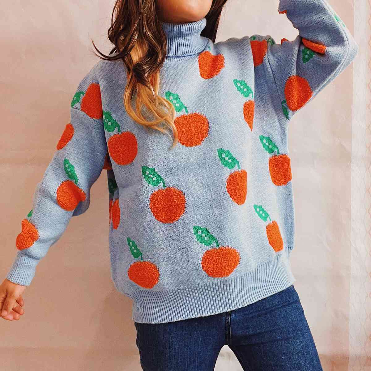 Fruit Pattern Turtleneck Dropped Sweater