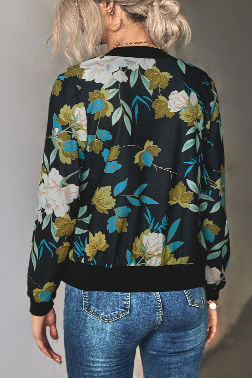 Floral Zip Up Ribbed Trim Bomber Jacket - SHIRLYN.CO