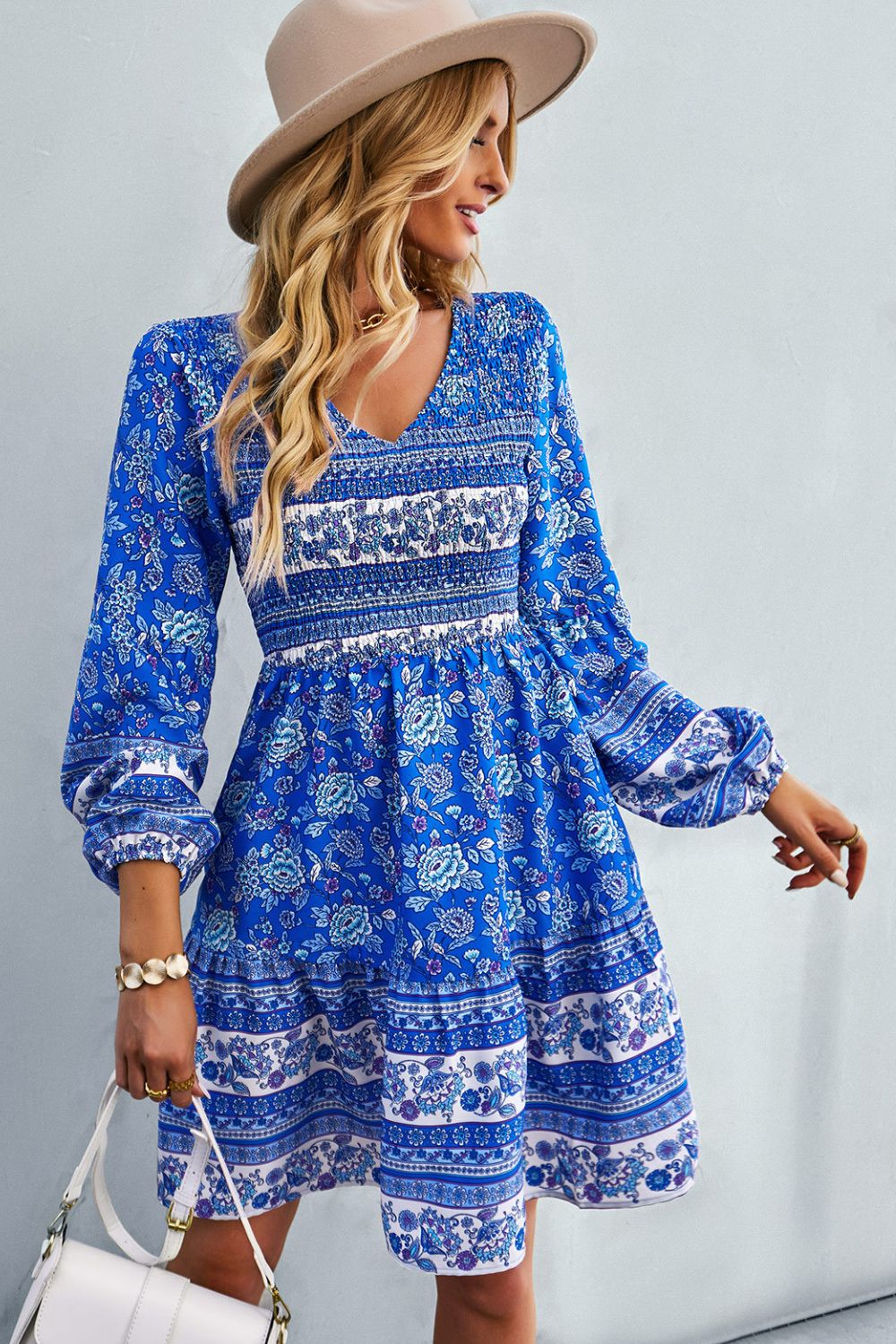 Bohemian V-Neck Balloon Sleeve Dress - SHIRLYN.CO