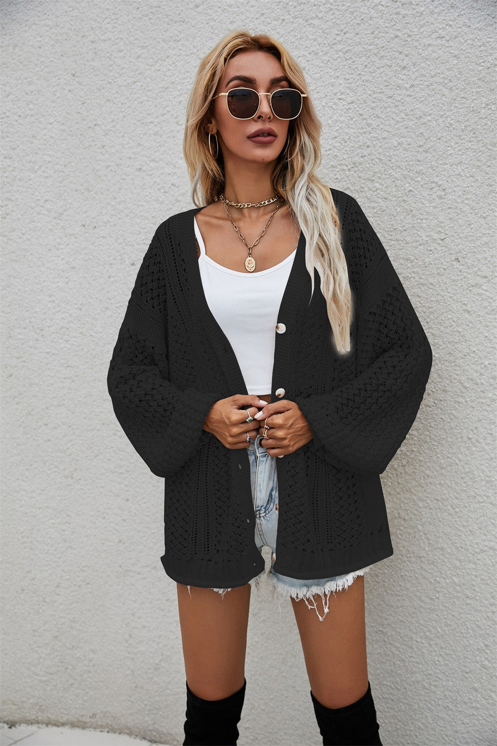 Openwork V-Neck Dropped Shoulder Cardigan - SHIRLYN.CO