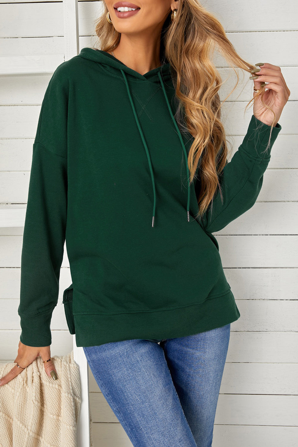 Drop Shoulder Hoodie with Slit - SHIRLYN.CO