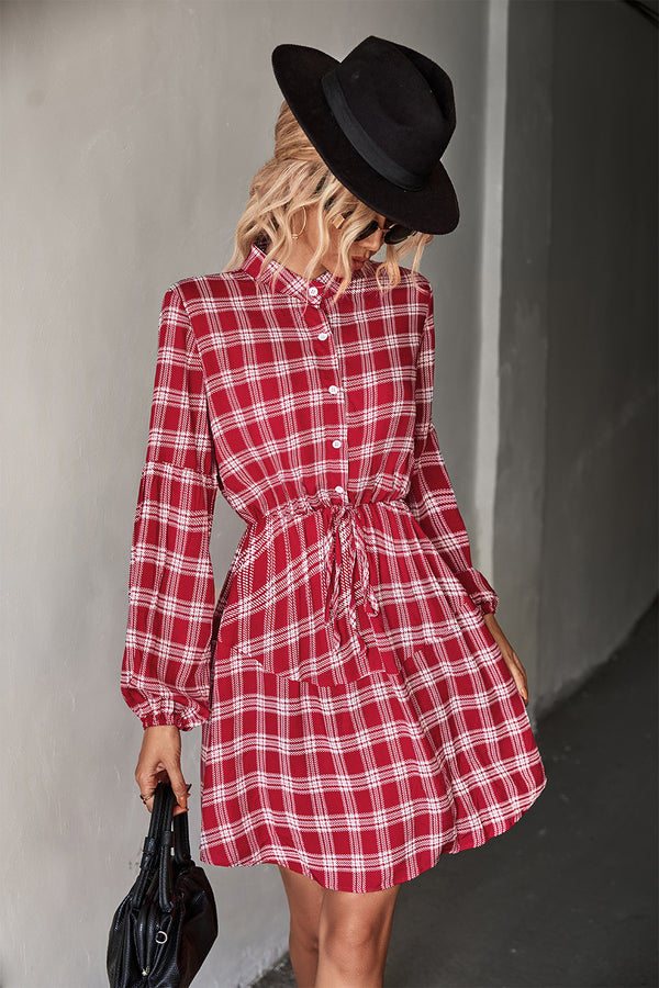 Plaid Band Collar Drawstring Shirt Dress - SHIRLYN.CO