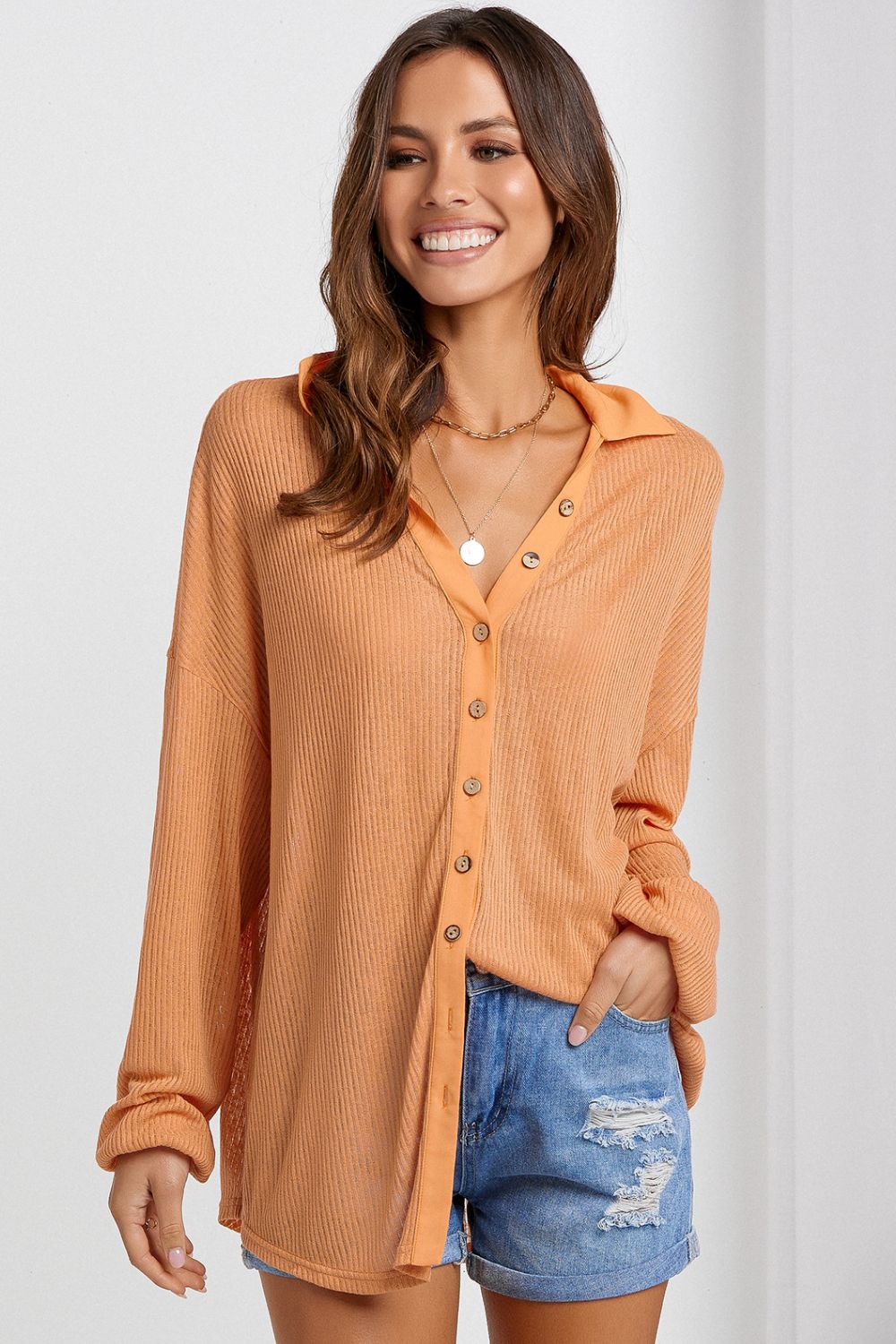 Button Front Dropped Shoulder Knit Shirt - SHIRLYN.CO