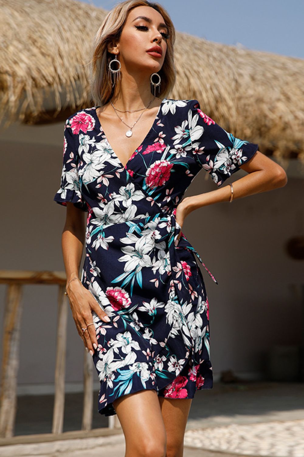 Floral Tied Flounce Sleeve Surplice Dress - SHIRLYN.CO