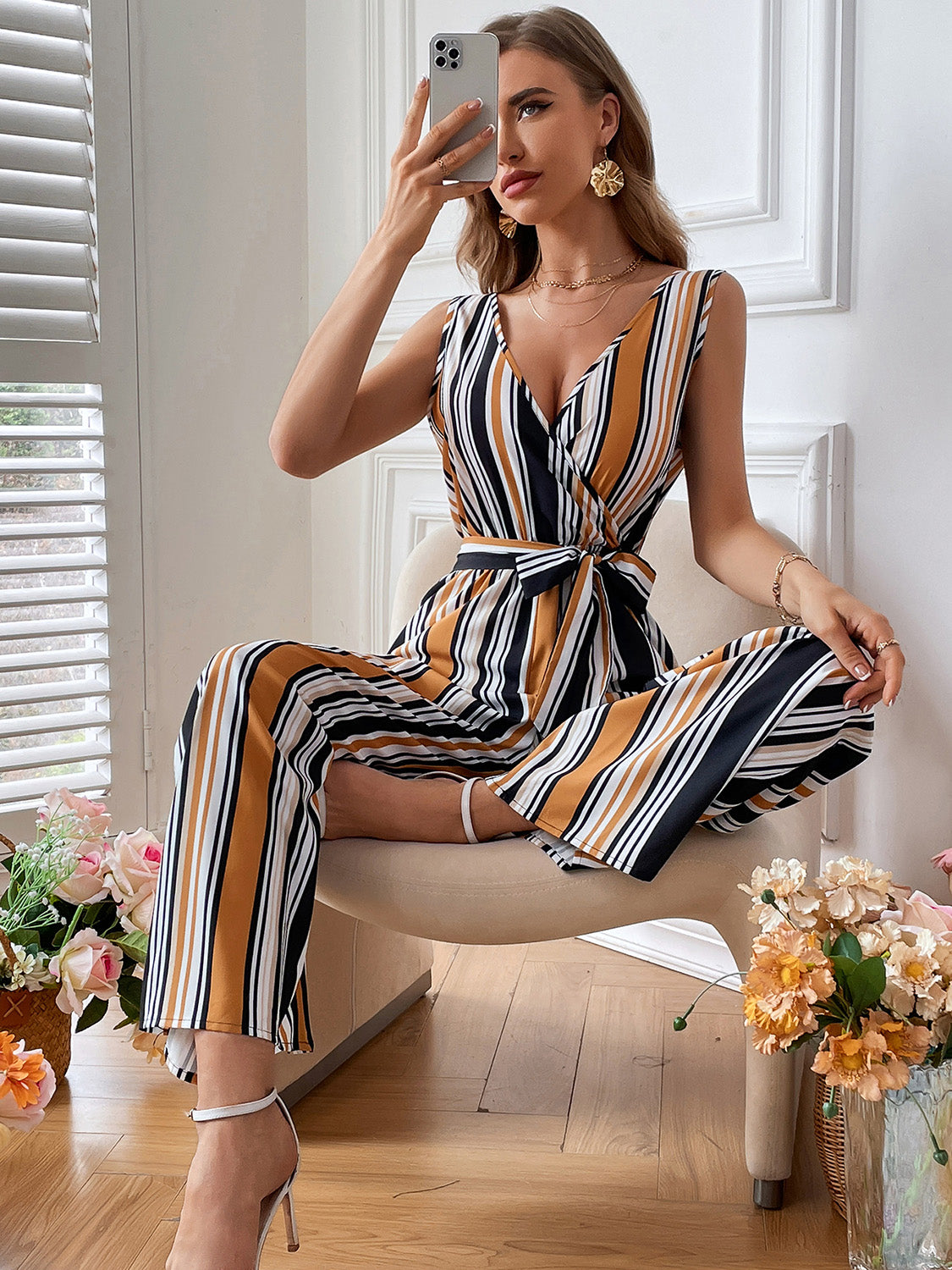 Editor's Choice: Shirlyn's Elegant Striped Sleeveless Wide-Leg Surplice Neck Jumpsuit