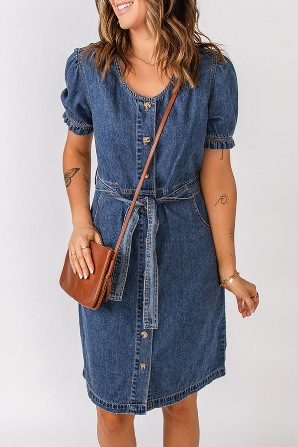 Button Front Tie-Waist Puff Sleeve Denim Dress - SHIRLYN.CO