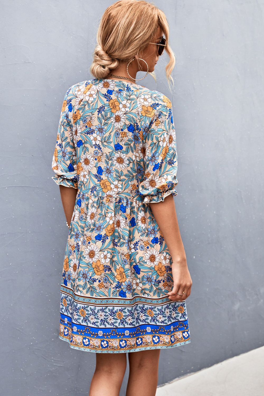 Bohemian Notched Half Sleeve Mini Dress - SHIRLYN.CO