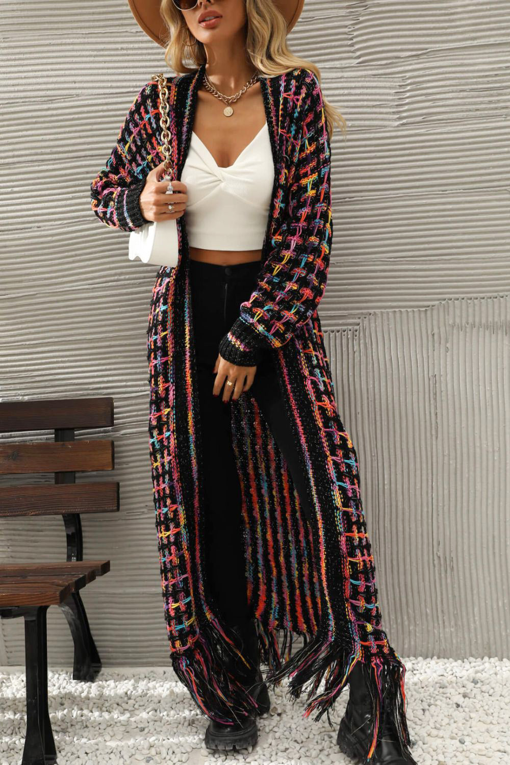 Multicolored Open Front Fringe Hem Cardigan - SHIRLYN.CO