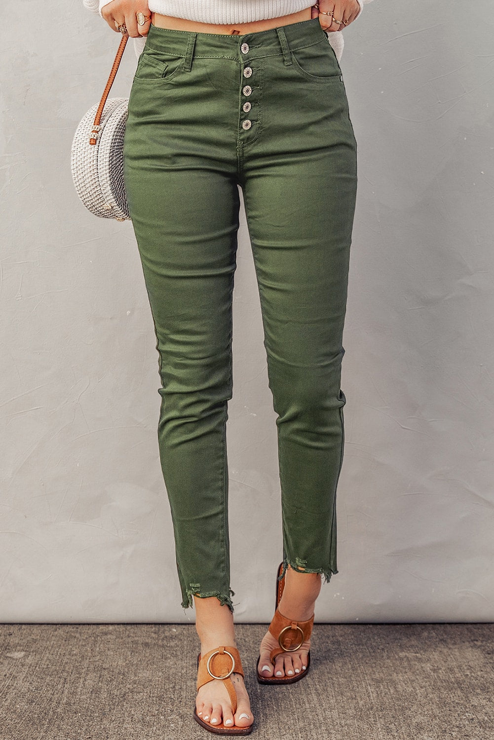 Button Fly Hem Detail Skinny Jeans - SHIRLYN.CO