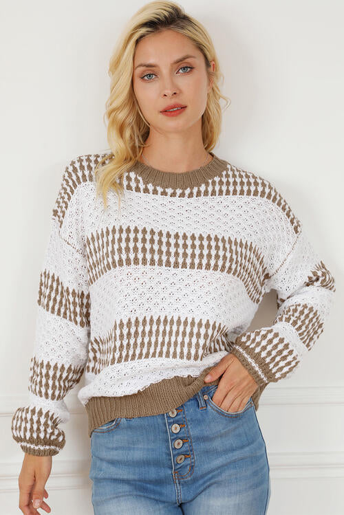 Striped Round Neck Long Sleeve Knit Top